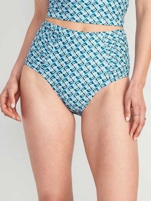 Old Navy High-Waisted Printed Ruched Bikini Swim Bottoms Badeanzüge Damen Blau | 1892GPZNI