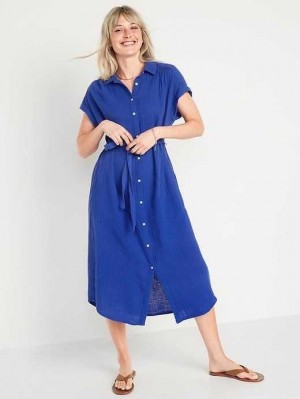 Old Navy Kurzes-Sleeve Taille-Defined Midi Shirt Kleider Kleid Damen Blau | 5029NQHWI