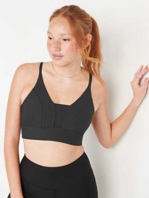 Old Navy Light Support PowerSoft Textured-Rib Sports Bra Sportbekleidung Damen Schwarz | 3187FIQZY