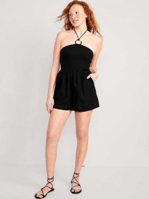 Old Navy Linen-Blend O-Ring Halter Romper Jumpsuit Damen Schwarz | 4391PZDLT