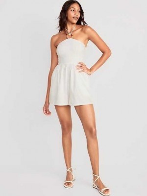 Old Navy Linen-Blend O-Ring Halter Romper Jumpsuit Damen Weiß | 7521RHOMG