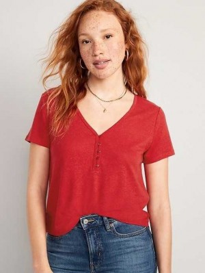 Old Navy Linen-Blend V-Neck Henley T-Shirt T-shirts Damen Rot | 5124SHXJU