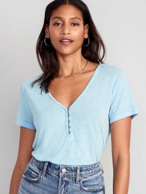 Old Navy Linen-Blend V-Neck Henley T-Shirt T-shirts Damen Blau | 9872JNWQA