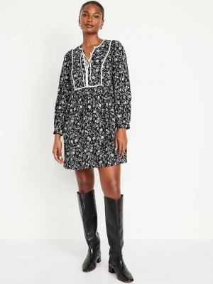 Old Navy Long-Sleeve Boho Mini Kleider Kleid Damen Schwarz | 4785JZLCV