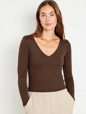 Old Navy Long-Sleeve Cropped V-Neck T-Shirt T-shirts Damen Kaffee | 3294MKDJQ