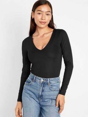 Old Navy Long-Sleeve Cropped V-Neck T-Shirt T-shirts Damen Schwarz | 6245PGDSR