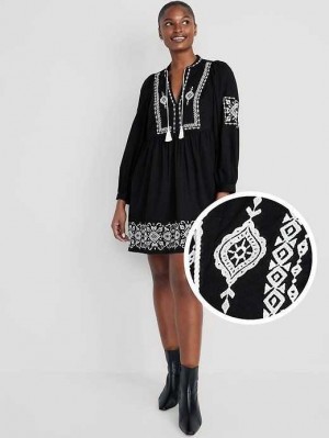 Old Navy Long-Sleeve Embroidered Mini Swing Kleider Kleid Damen Schwarz | 3140IAGHK