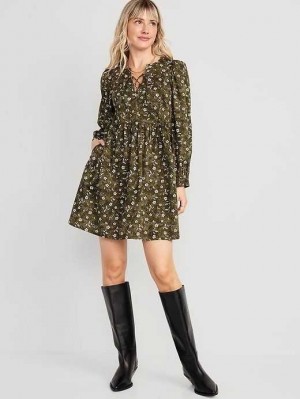 Old Navy Long-Sleeve Mini Swing Kleider Kleid Damen Dunkelgrün | 7458IJMAC