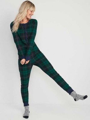 Old Navy Matching Printed Thermal-Knit One-Piece Pajamas Pyjama Damen Grün Blau | 9517KGOWC