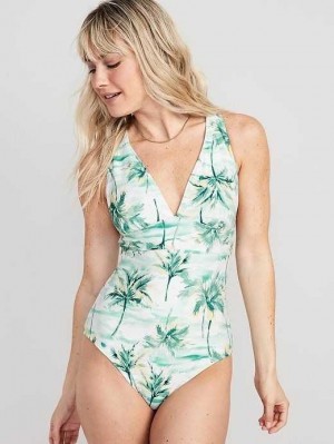 Old Navy Matching V-Neck One-Piece Swimsuit Badeanzüge Damen Blau | 6105UMRQX
