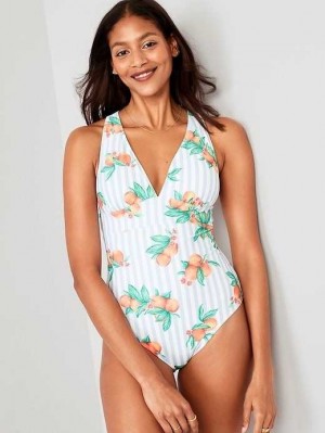 Old Navy Matching V-Neck One-Piece Swimsuit Badeanzüge Damen Peaches & Stripes | 0837YDVPU