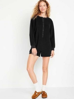 Old Navy Micro Fleece Henley Pajama Romper Pyjama Damen Schwarz | 2964MSAUH