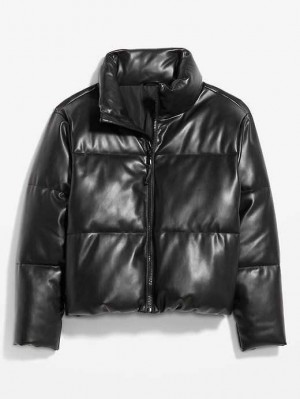 Old Navy Mock-Neck Faux-Leder Puffer Jacket Mäntel Damen Schwarz | 0913GKHPD
