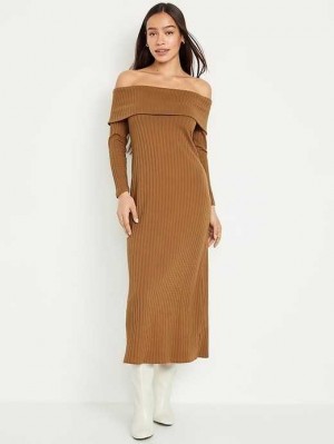 Old Navy Off-Shoulder Rib-Knit Maxi Kleider Kleid Damen Spiced Saffron | 3815QNJTC