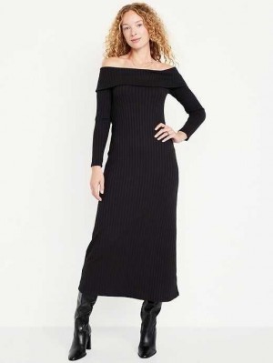Old Navy Off-Shoulder Rib-Knit Maxi Kleider Kleid Damen Schwarz | 7301DPMQF