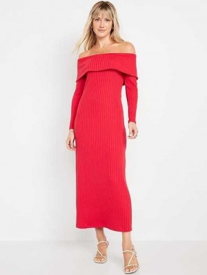 Old Navy Off-Shoulder Rib-Knit Maxi Kleider Kleid Damen Rot | 0845JULRC