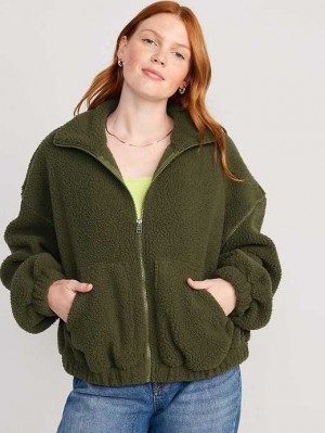 Old Navy Oversized Full-Zip Sherpa Pullover Sweatshirt Damen Conifer | 6785FQHXV