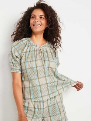 Old Navy Plaid Smocked-Sleeve Pajama Top Pyjama Damen Grün Blau | 3185WQGNE
