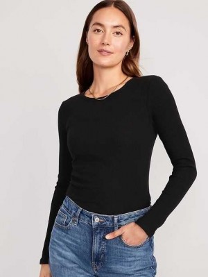 Old Navy Plush Long-Sleeve Crew-Neck T-Shirt T-shirts Damen Schwarz | 5714KTVQI