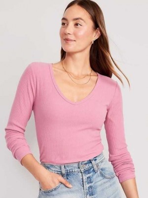 Old Navy Plush Long-Sleeve V-Neck T-Shirt T-shirts Damen Rosa Gold | 0487DPOMX