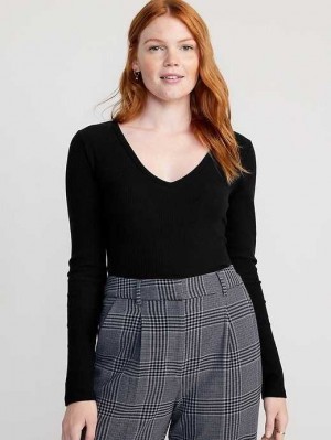 Old Navy Plush Long-Sleeve V-Neck T-Shirt T-shirts Damen Schwarz | 5967EYFKO