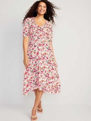 Old Navy Puff-Sleeve V-Neck Crepe Midi Kleider Kleid Damen Weiß | 2461LBIHM