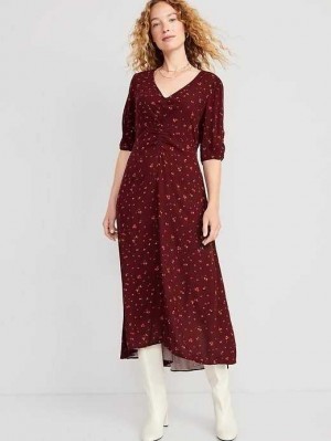 Old Navy Puff-Sleeve V-Neck Crepe Midi Kleider Kleid Damen Bordeaux | 4619PBVFC