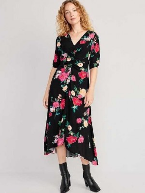 Old Navy Puff-Sleeve V-Neck Crepe Midi Kleider Kleid Damen Garden Of Secrets | 5693GNIAW