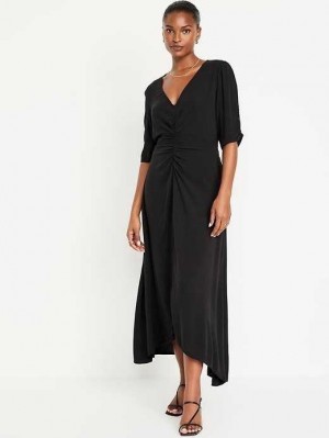 Old Navy Puff-Sleeve V-Neck Crepe Midi Kleider Kleid Damen Blackjack | 8359MZIKS