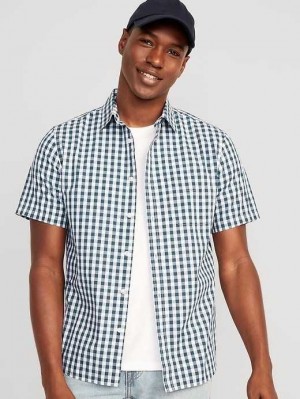 Old Navy Regular-Fit Everyday Kurzes-Sleeve Gingham Pocket Shirt Hemd Herren Blau | 8213QAIBN