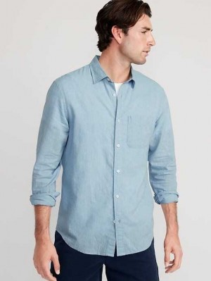 Old Navy Regular-Fit Everyday Non-Stretch Linen-Blend Shirt Hemd Herren Blau | 9583IRTUW