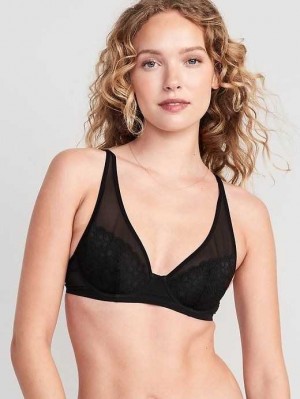 Old Navy Spitze-Paneled Mesh Underwire Plunge Bra BHs Damen Schwarz | 8034SHJZD