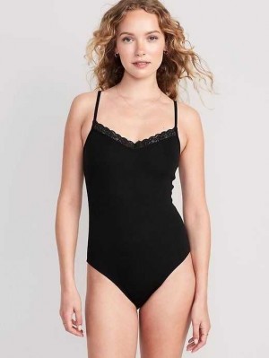 Old Navy Spitze-Trimmed V-Neck Rib-Knit Cami Bodysuit Unterwäsche Damen Schwarz | 1625PWMTA