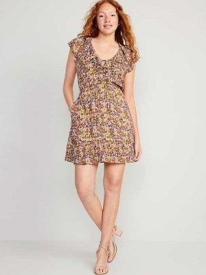 Old Navy Taille-Defined Flutter-Sleeve Floral Mini Kleider Kleid Damen Multifloral | 8025KFBST