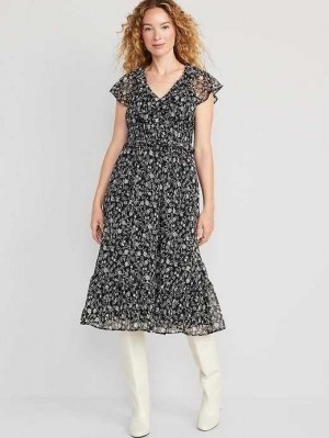 Old Navy Taille-Defined Flutter-Sleeve Midi Kleider Kleid Damen Schwarz | 8652PCQLA
