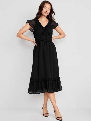 Old Navy Taille-Defined Flutter-Sleeve Midi Kleider Kleid Damen Blackjack | 0196HDTBR