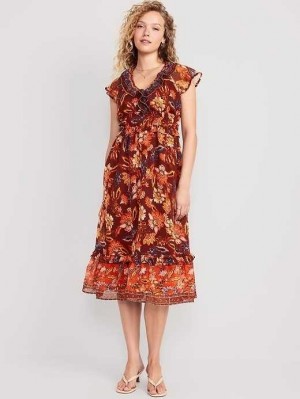 Old Navy Taille-Defined Flutter-Sleeve Midi Kleider Kleid Damen Rot | 0981NIKZO