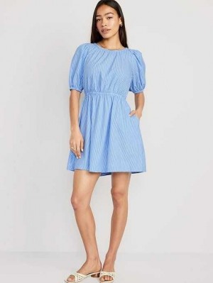 Old Navy Taille-Defined Puff-Sleeve Gestreift Baumwoll-Poplin Mini Kleider Kleid Damen Blau | 4729WQAGZ