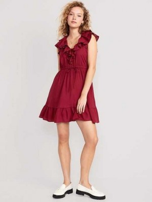 Old Navy Taille-Defined Ruffle-Trim Mini Kleider Kleid Damen Rot Bordeaux | 7601IJGLU