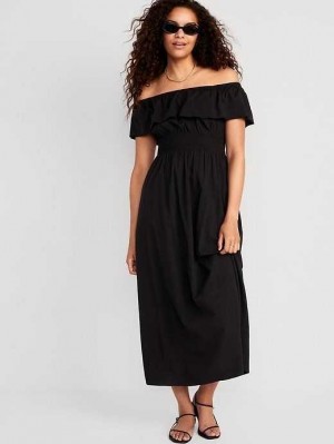 Old Navy Taille-Defined Ruffled Off-The-Shoulder Smocked Maxi Kleider Kleid Damen Blackjack | 4372ICLPF