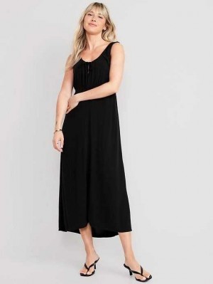 Old Navy Taille-Defined Ärmellose Crepe Midi Kleider Kleid Damen Schwarz | 4293EJORD