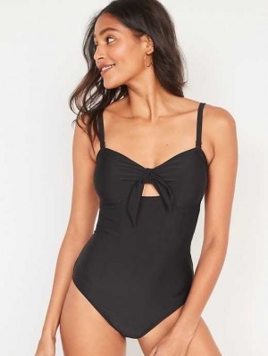 Old Navy Tie-Front Keyhole Bandeau-Stylen One-Piece Swimsuit Badeanzüge Damen Ebony | 3147ELSMI