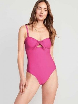 Old Navy Tie-Front Keyhole Bandeau-Stylen One-Piece Swimsuit Badeanzüge Damen Dragon Fruit | 9150EHBVN