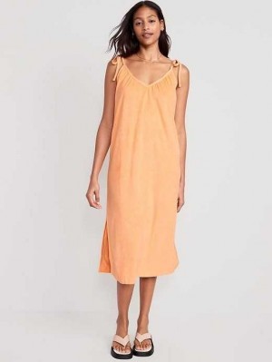 Old Navy Tie-Shoulder V-Neck Terry Midi Swing Kleider Kleid Damen Koralle | 2143NTLUZ
