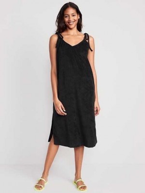 Old Navy Tie-Shoulder V-Neck Terry Midi Swing Kleider Kleid Damen Schwarz | 3421NKWGH