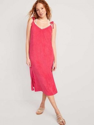 Old Navy Tie-Shoulder V-Neck Terry Midi Swing Kleider Kleid Damen Dunkelrot | 0563NZCAW