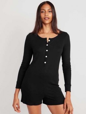 Old Navy UltraLite Rib-Knit Henley Pajama Romper Pyjama Damen Schwarz | 9480ZUMDR