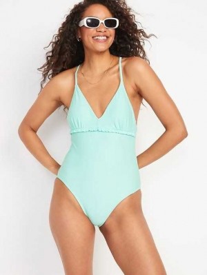 Old Navy V-Neck Ruffle-Trim Cutout One-Piece Swimsuit Badeanzüge Damen Icelandic Fjord | 1806AGDMQ