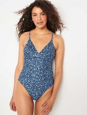 Old Navy V-Neck Ruffle-Trim Cutout One-Piece Swimsuit Badeanzüge Damen Blau | 3429TUKXG