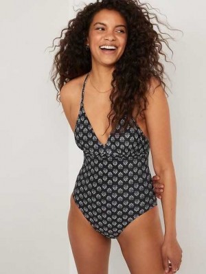 Old Navy V-Neck Ruffle-Trim Cutout One-Piece Swimsuit Badeanzüge Damen Schwarz Blumen | 7248WBZVY